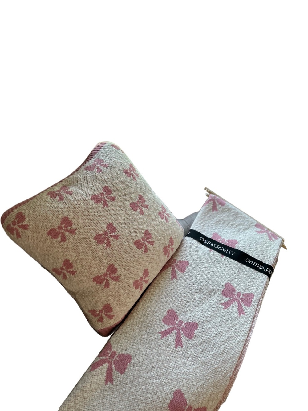 Cynthia Rowley Coquette Pink Bow Knit Throw Blanket & Pillow Matching Bundle Set